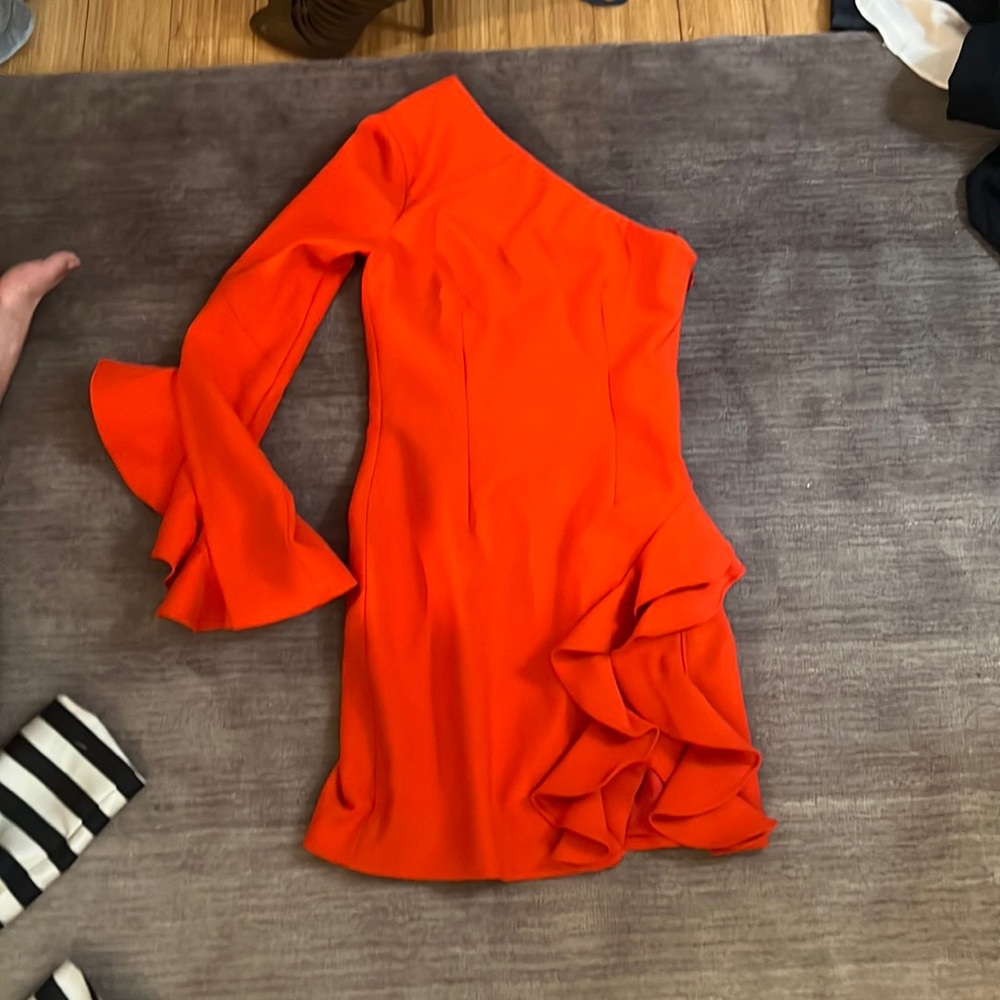 Cinq a Sept orange red one shoulder dress worn once size 2